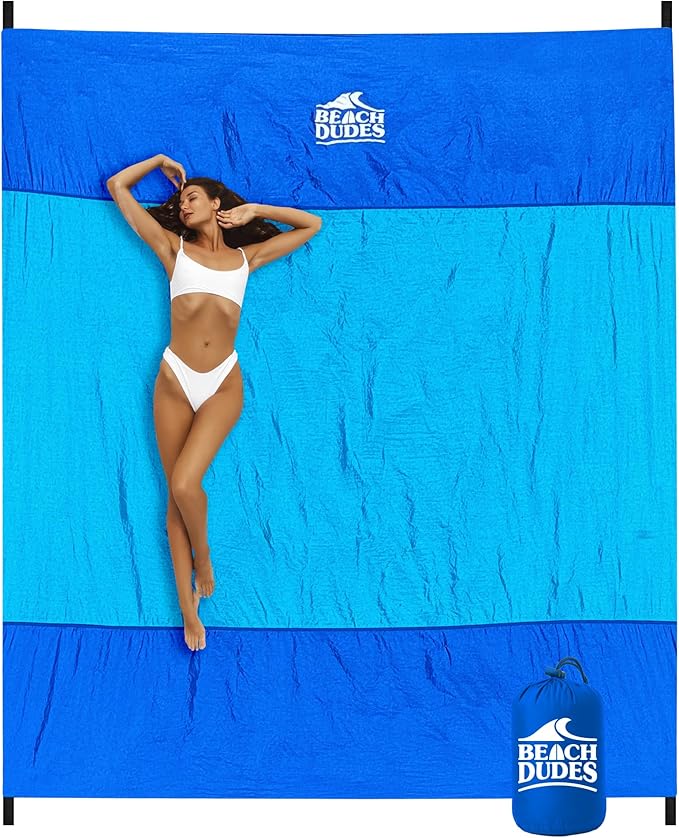 Sandproof Waterproof Beach Blanket Extra Large 108"x 84", Mat for Family, Quick Dry Ripstop Nylon Lightweight, Compact for Travel, Picnic, Camping w/ 4 Anchor Stakes and Carry Bag