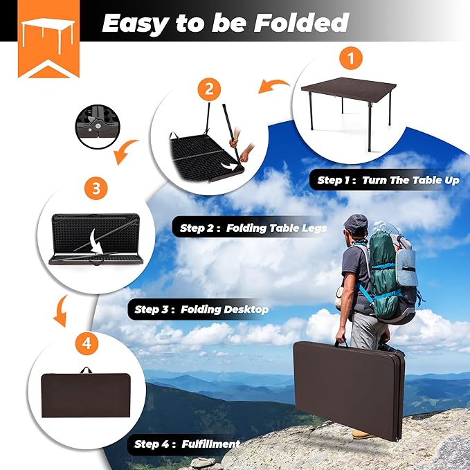 34" Camping Table, Portable Square Camping Card Table with Collapsible Legs & Carrying Handle, Plastic Tables for Outdoor Cooking,Camping,Picnic, Office, Party, Brown