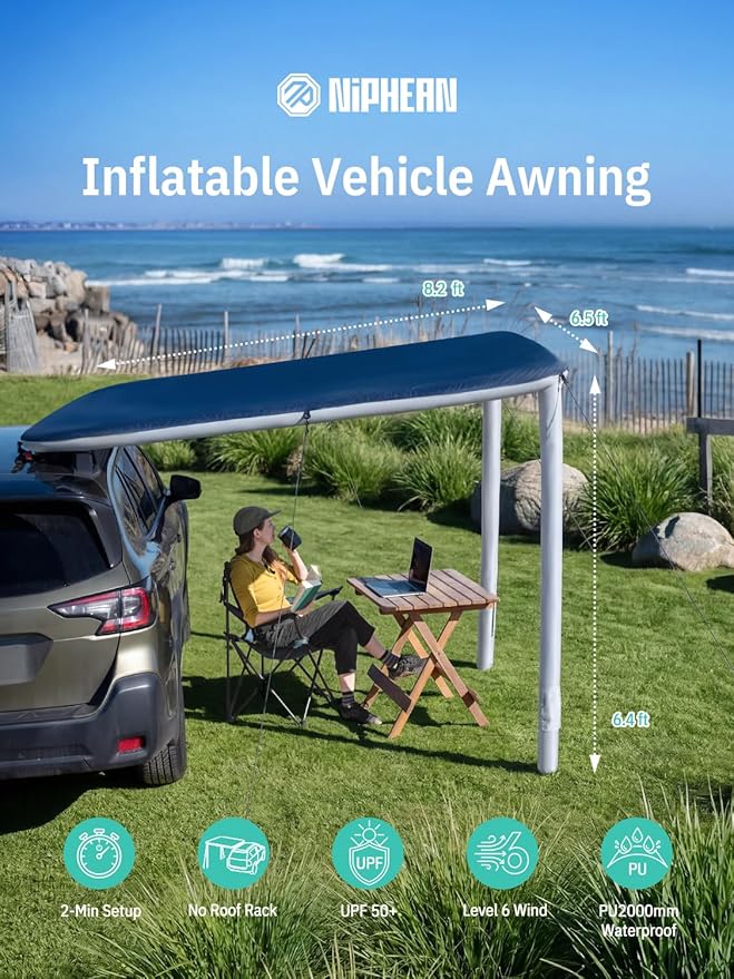Niphean Car Awning for SUV, Truck & Van, 2-Min Quick Setup Vehicle Awning, No Roof Rack Required, Inflatable Rooftop Camping Sun Shade 8.2’ x 6.5’, Waterproof UV50+, Durable & Wind-Resistant