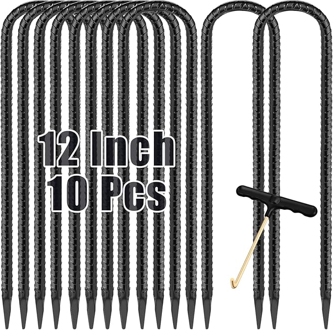 Trampoline Stakes Anchors 10-Pack Trampoline Accessories 12 Inch Wind Stake Heavy Duty High Wind Ground Anchor Galvanized Steel Tie Down Anchor Kit for Swing Set Soccer Goal (10Pcs, Black)