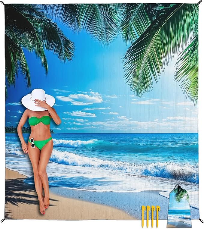 Beach Blanket Waterproof Sandproof, Palm Tree Oversized Extra Large Picnic Mat 83"×95"/8 × 7 FT for 1-7 Adults for Travel Camping Hiking, Quick Drying Lightweight Outdoor Beach Vacation Essentials