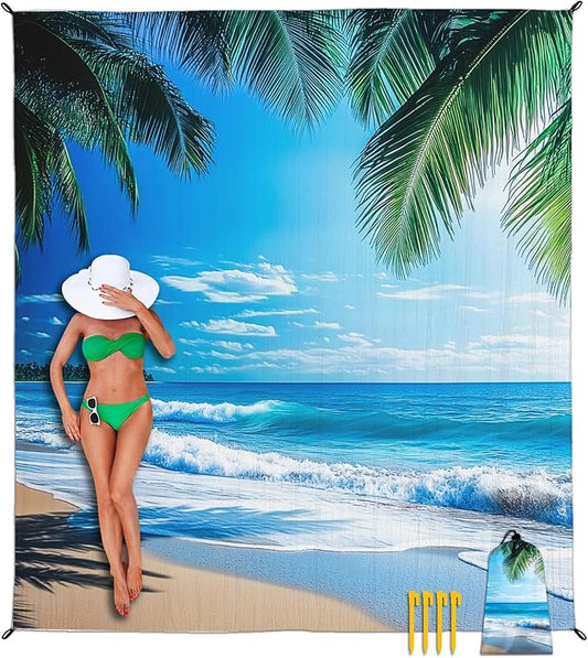 Beach Blanket Waterproof Sandproof, Palm Tree Oversized Extra Large Picnic Mat 83"×95"/8 × 7 FT for 1-7 Adults for Travel Camping Hiking, Quick Drying Lightweight Outdoor Beach Vacation Essentials