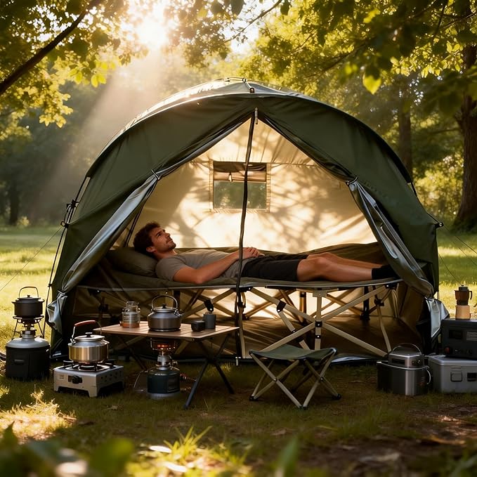 1 Person Cot Tent with Breathable Mesh Door and Screen Windows – Easy to Put Together, All-Weather Shelter for Camping & Backyard, Without Bed