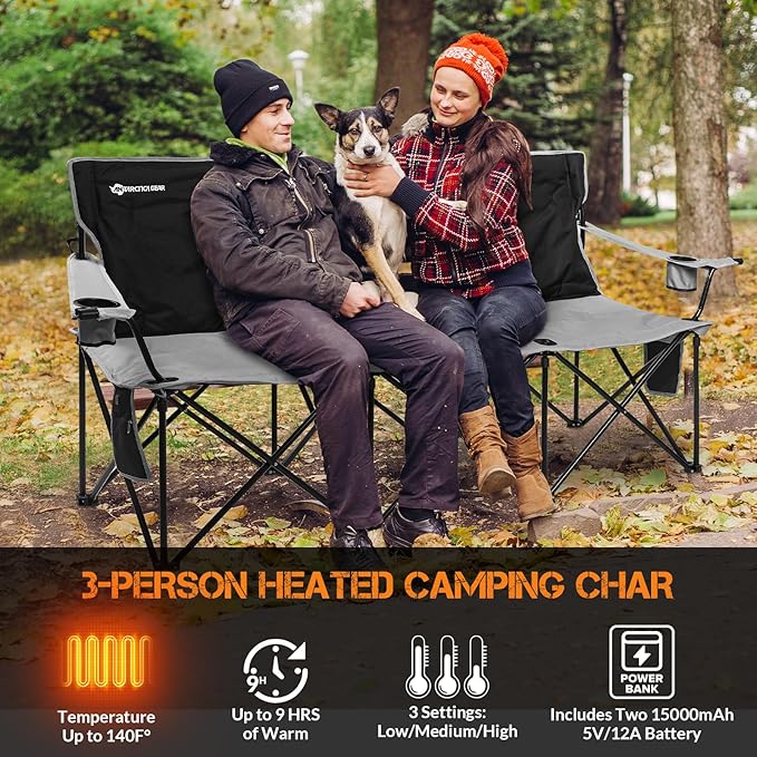 ANTARCTICA GEAR Heated 3-Person Camping Chair with 12V 15000mAh Battery Pack - Heavy-Duty XL Folding Bench for Outdoor, Campsites, Tailgating - Portable Heated Seating with Adjustable Warmth