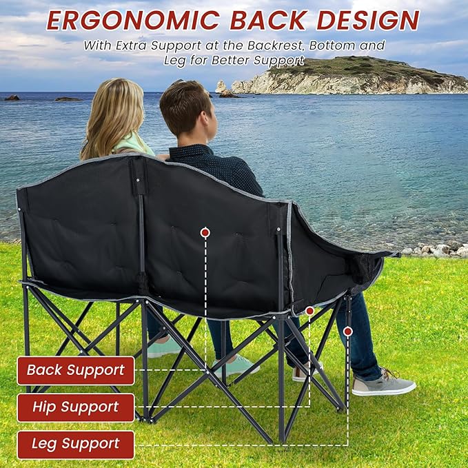 DoCred Heated Double Camping Chair, Heated Folding Camping Chairs Loveseat Outdoor Sports,Heating Oversized Lawn Chairs for Adults,2 Person Camp Chair with 3 Heat Levels, Battery NOT Included
