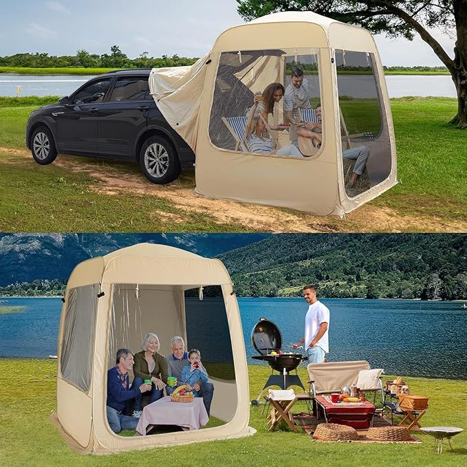 All Weather Camping Screen Tent/SUV Tent, Outdoor Pop Up Tent for Camping with Shelter Mesh & Waterproof PVC, Instant Tent Screen House Portable for Car SUV Van Camping