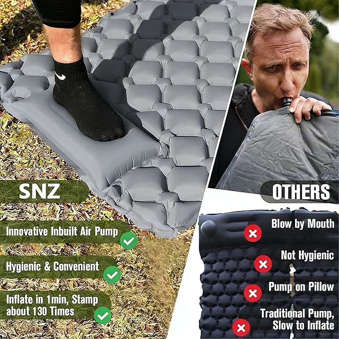 SNZ Camping Sleeping Pad, Ultralight Camping Mat with Pillow, Built-in Foot Pump Inflatable Sleeping Pads Compact for Backpacking, Tent, Travel, Outdoor Activities (Double)