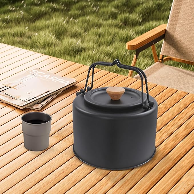 Camping Kettle, Stainless Steel Portable Coffee Tea Pot with Anti-Scald Handles, 35.2oz Capacity for Outdoor Camping Hiking Picnics (Black)