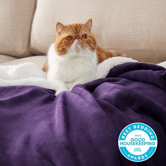 Bedsure GentleSoft Sherpa Fleece Blankets Queen Size for Bed - Thick and Warm, Soft Fuzzy Plush Queen Blanket for Winter, Purple, 90x90 Inches