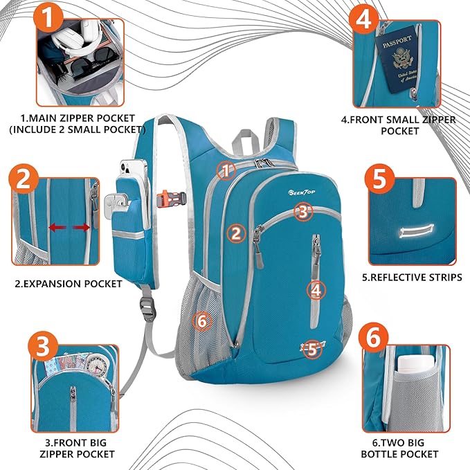 Seektop Expandable Small Hiking Backpack 12L-15L Lightweight Packable Waterproof Daypack with Phone Pocket for Women Men