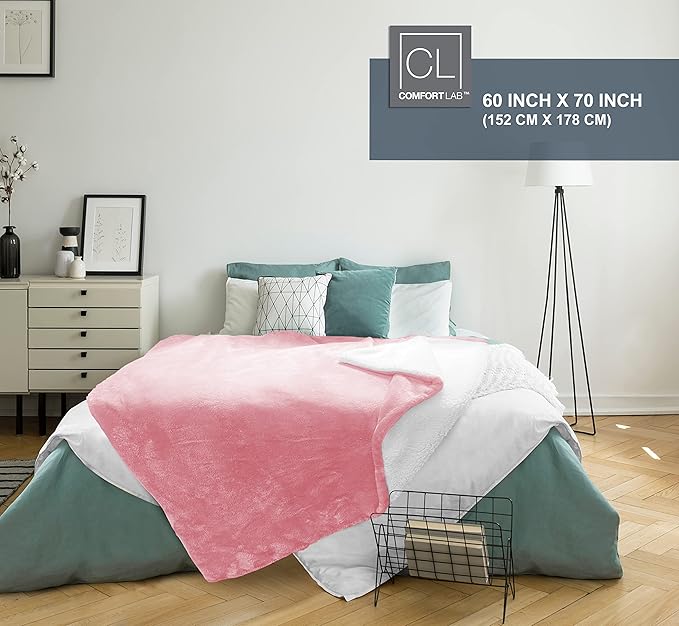 Comfort Lab Reversible Flannel Sherpa Throw Blanket - Elegant Fluffy Throw Blankets for Couch and Home Decor - Anti Pilling Non Shedding Cozy & Warm Fleece Throws - Oversize Throw (60" x 70") - Blush
