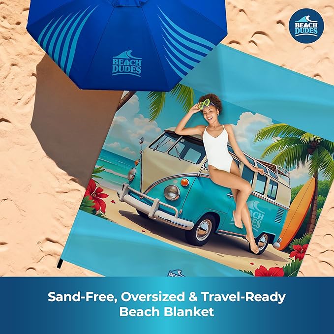 Sandproof Waterproof Beach Blanket Extra Large 108"x 84", Mat for Family, Quick Dry Ripstop Nylon Lightweight, Compact for Travel, Picnic, Camping w/ 4 Anchor Stakes and Carry Bag