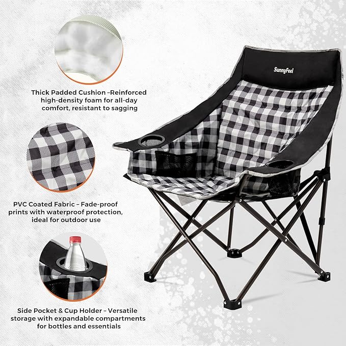 SUNNYFEEL 2 Pack Heavy Duty Camping Chairs for Adults Portable Oversized Folding Chair with Side Pockets & Cup Holde for Fishing,Trip,Picnic,Lawn,Concert Outdoor, Carry Bag Included