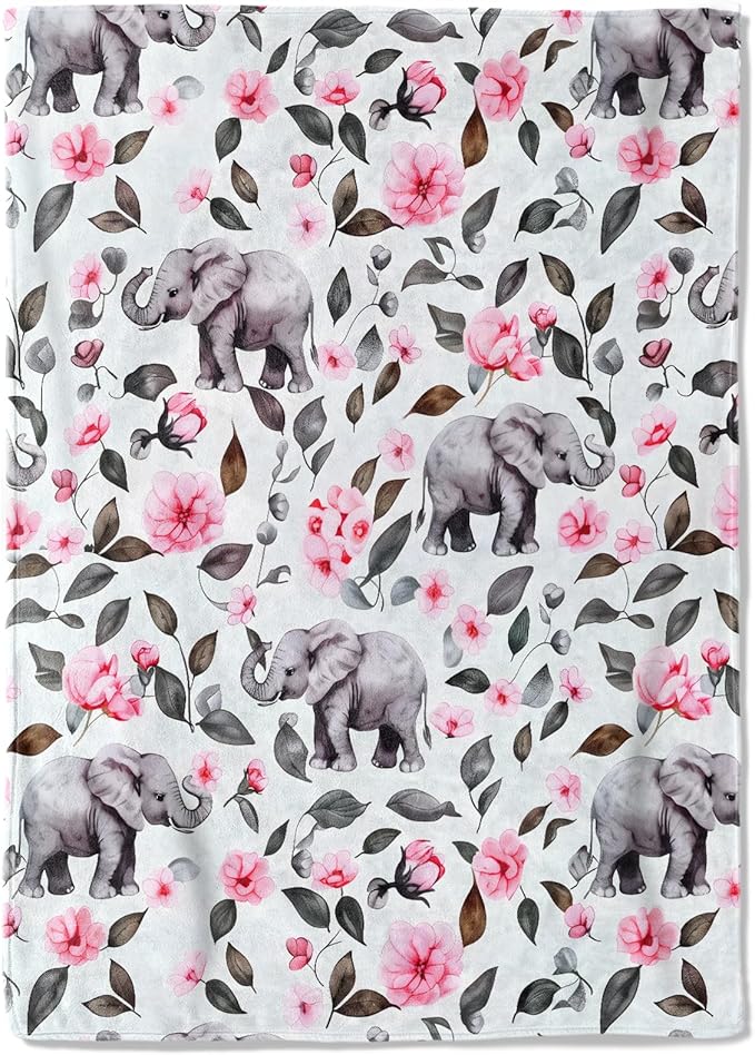 Elephant and Flower Fleece Blanket - 50x60in Pink Floral Throw Blankets,Soft Cozy Lightweight, Ideal for Living Room Home Rustic Decor and Kids Women Girls Spring Gifts