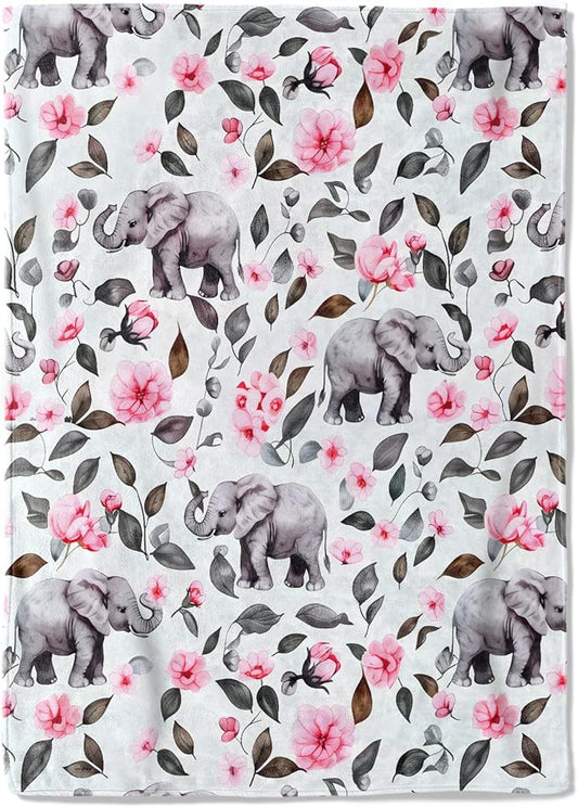 Elephant and Flower Fleece Blanket - 50x60in Pink Floral Throw Blankets,Soft Cozy Lightweight, Ideal for Living Room Home Rustic Decor and Kids Women Girls Spring Gifts