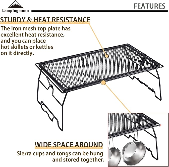 CAMPINGMOON Campfire Grill Storage Rack Camping Grill Steel Foldable Stackable T-238