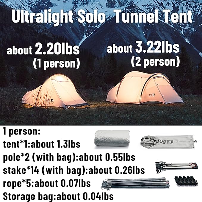 Naturehike 2.2lb/3.2lb Ultralight Backpacking Tent - 1/2 Person Waterproof Tunnel Tent with Lightweight Aluminum Pole, Easy Setup One Man Tent for Camping, Backpacking, Hiking, Hunting
