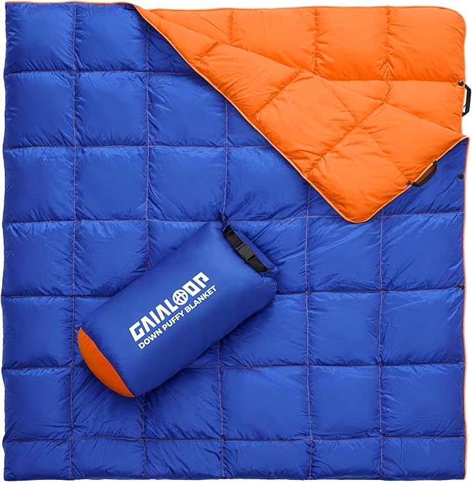 Down Puffy Blanket for 2 Person Car Camping Outdoor Travel Backpacking, 80% Duck Down & 20% Feather Lightweight Portable Soft Warm Cozy Camping Blanket Quilt, Lake Blue