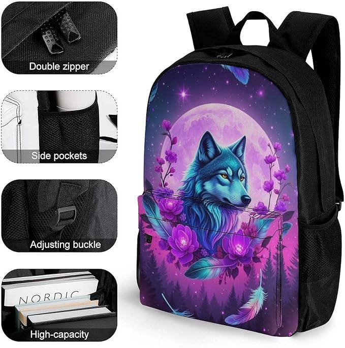 Men Women Polyester Full Moon Flower Wolf Purple Daypack Big Capacity Shoulder Bag With Smooth Zippers for Hiking Work Walking Cycling