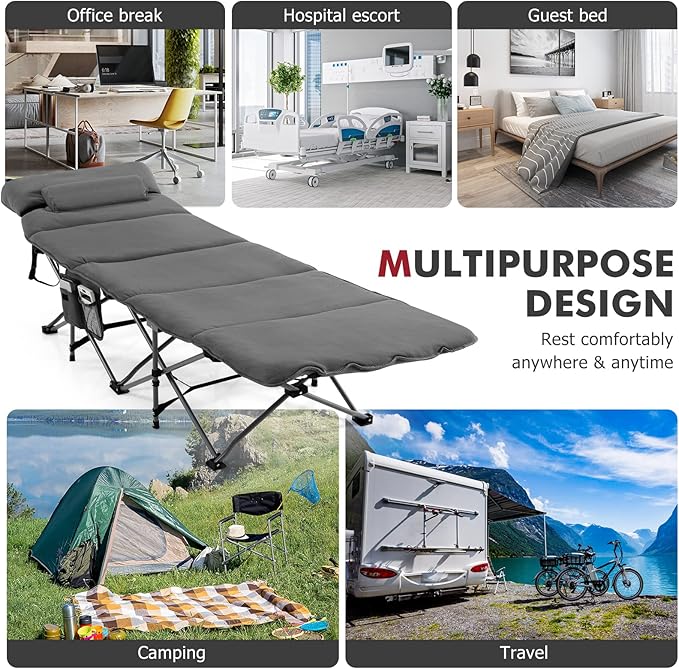 Tangkula Camping Cot for Adults, Folding Sleeping Cot with Removable Mattress, Pillow, Side Pocket, Portable Indoor Outdoor Cot Bed with Carry Bags for Travel, Camp, Office, Home (Grey)