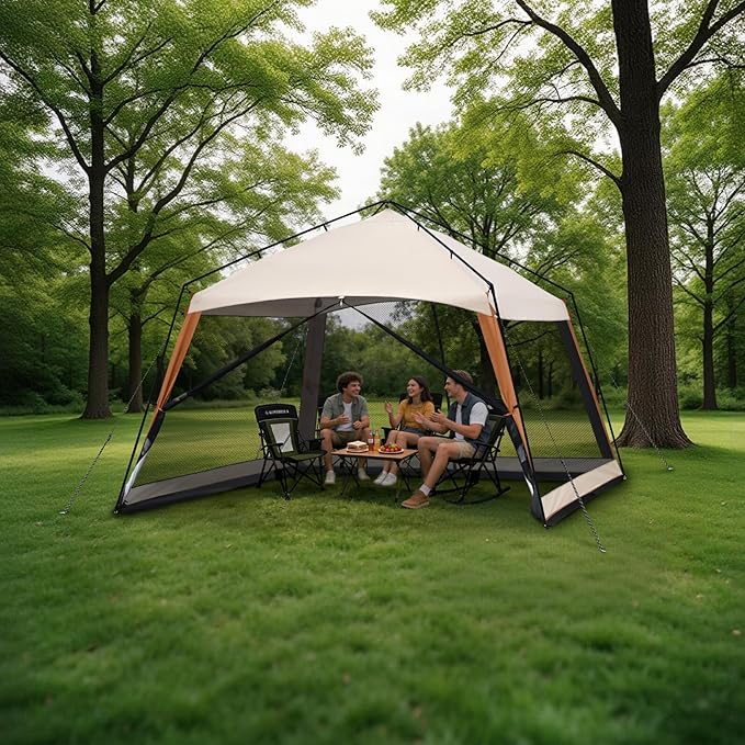 12 x 12 FT Camping Screen Tent for 8-10 Person, Easy Setup Screen House with UV 50+ Sun Protection & Mosquito Net for Camping, Backyard, Picnic, Patio Outdoor Beige & Brown