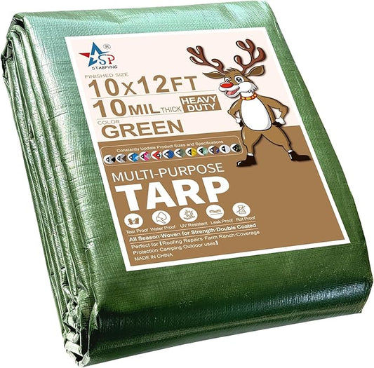 STARPYNG-10 Mil Green 10x12 Feet Tarp-Heavy Duty Poly Tarpaulin-Waterproof Tarp, UV Resistant, Durable, Weather Resistant, Cover Car, Swimming Pool, Boat