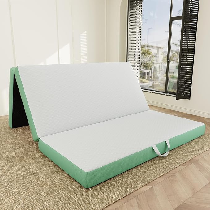 Memory Foam Trifold Mattress, Full Portable Floor Bed 4 Inch, Foldable Mat with Washable Cover, Handle & Non-Slip Bottom, for RV, Travel, Camping, Yoga, 73"x52"x4", White Green