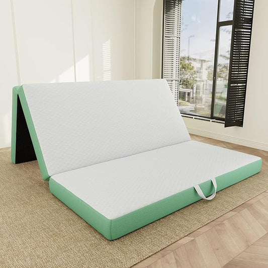 Memory Foam Trifold Mattress, Full Portable Floor Bed 4 Inch, Foldable Mat with Washable Cover, Handle & Non-Slip Bottom, for RV, Travel, Camping, Yoga, 73"x52"x4", White Green