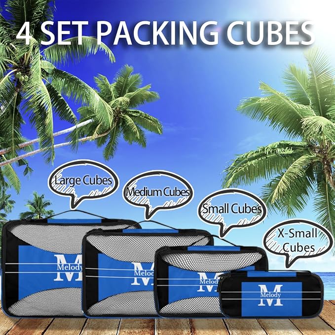 Custom Packing Cubes with Name and Initial Letter, 4Pcs/Set Travel Luggage Packing Organizers Set for Men and Women, Navy Blue with Black