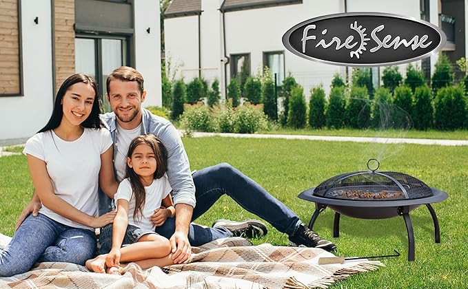 Fire Sense 60873 Fire Pit Portable Folding Round Steel with Folding Legs Wood Burning Lightweight Included Carrying Bag & Screen Lift Tool - Black - 22"