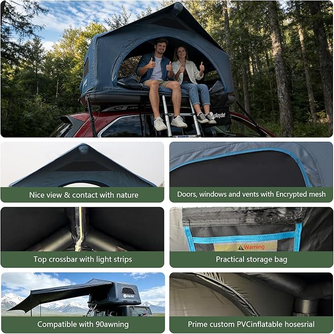 PlayDo Air Tents for Camping Rooftop Tent Easy Setup Inflatable Roof Tent Blow Up Car Top Tent for Pickup Truck SUV with Strip Light, Ladder, Air Mattress