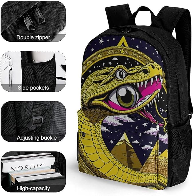 Men Women Polyester Egypt'S Mysterious Pyramids Golden Snake Art Daypack Backpack Large Capacity Carry On Bag With Smooth Zippers for Hiking Picnic Walking Cycling