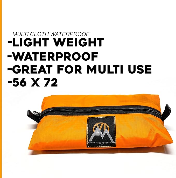VIAM Outdoors | Multi Cloth Waterproof Ultralight Lightweight Backpacking Camping and Survival Tarp | 1.9oz Orange | Measures 54 inches by 72 inches | has Stake Loops and Guy line Loops