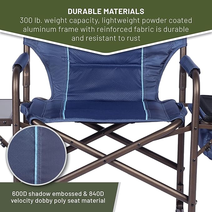 TIMBER RIDGE Folding Camping Chair with Cooler Bag, Director Chair Foldable with Side Table for Adults, Camp Chairs for Outdoor, Lawn, Sports, Fishing, Heavy Duty Supports 300lbs, Blue