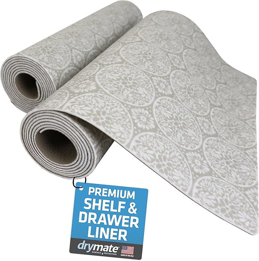 Drymate Premium Luxury Shelf & Drawer Liner, Thick Cushioned Fabric, Non-Adhesive, Absorbent, Waterproof, Slip-Resistant, Liners for Kitchen Cabinets, Cupboards (USA Made)(12”x59”)(2-Pack)(Tan)