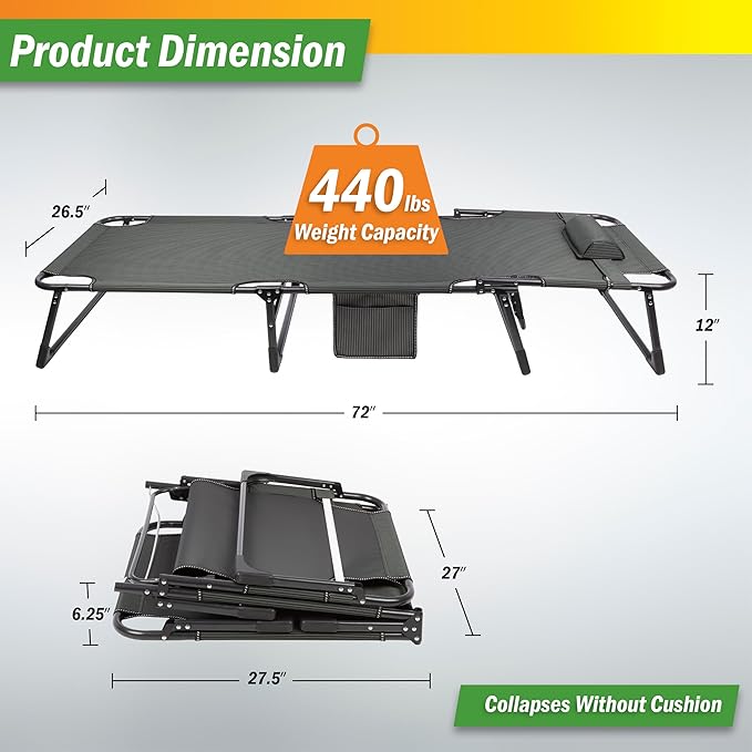 Folding Camping Cot with Mattress for Adults up to 440lbs - Heavy Duty Foldable Bed with Removable Cot Mattress and 3 Recline Positions for Travel, Camp, Beach or Guest Bed by Wakeman Outdoors (Black)