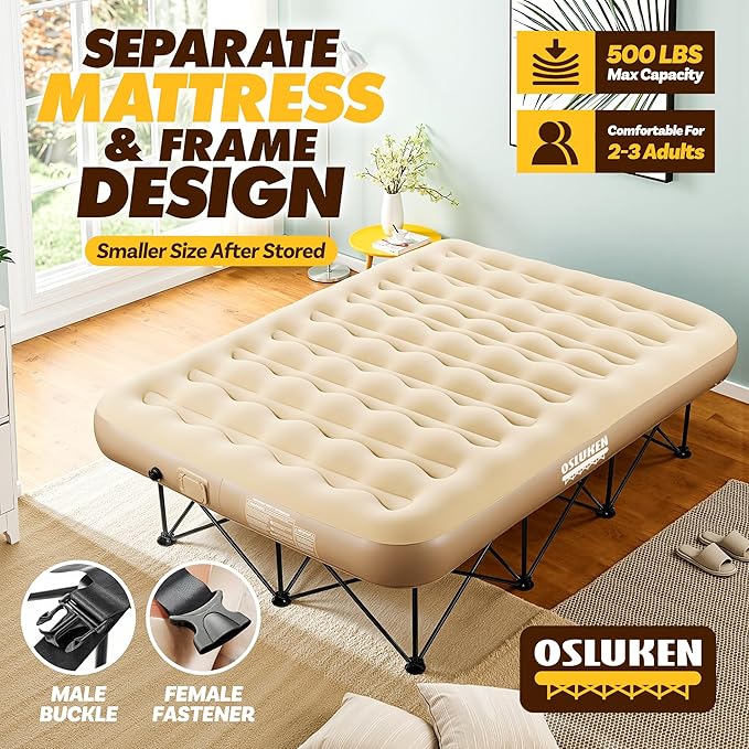 Queen Air Mattress with Frame & Built in Pump, 500 LBS Self Inflating Air Bed, Blow Up Bed Camping Cot with Mattress for Adults, Portable Inflatable Bed for Guest, Travel, 80" x 60" x 9", 25" Raised