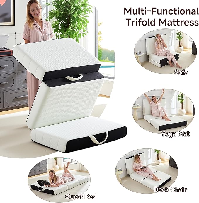 Foldable Mattress, Single Tri-Fold Memory Foam Mattress Topper with Washable Cover, Handle & Non-Slip Bottom, 4 Inch Portable Folding Bed for Guest, Yoga, Living Room, Camping - 75"x25"x4"