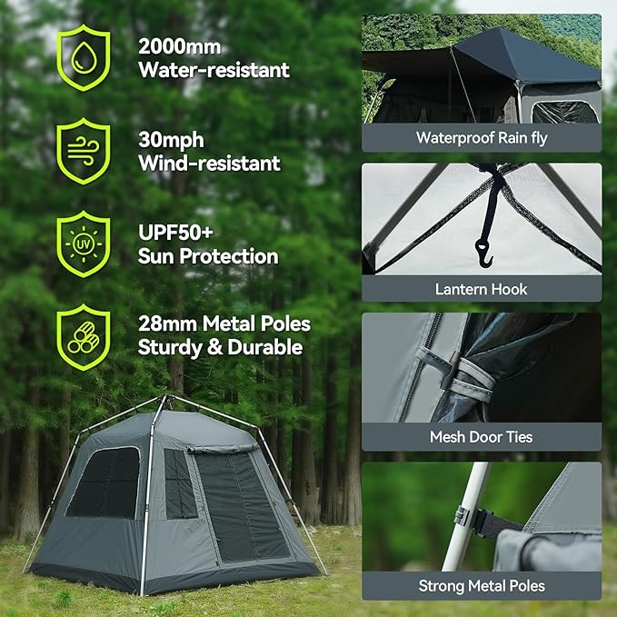Instant Pop-Up Camping Tent with Removable Sunshade - 3-4 Person Dome Tent with UV Protection & Ventilation, Waterproof Windproof for Beach, Hiking, Outdoor.