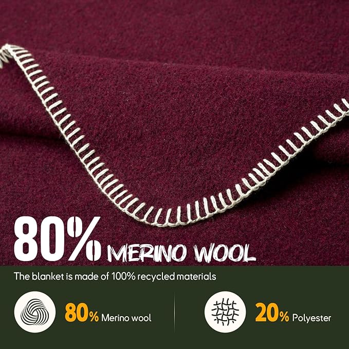 Merino Wool Blend Camping Blanket Ultra Warm, Moisture Wicking, Portable Outdoor Blanket for Camping, RV Trips, Adventures, Picnic, Bushcraft Survival Kits, Large 86"x62"