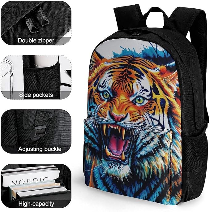 Supdreamc Men Women Polyester Blue Fierce Wild Tiger Animal King Art Casual Daypack Large Capacity Carry On Bag With Adjustable Shoulder Straps for Camping Work Running