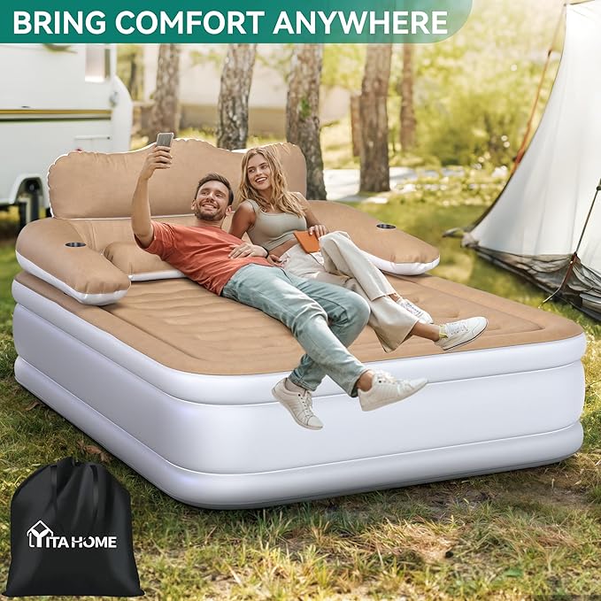 YITAHOME FullXL Size Air Mattress with Headboard, 18in Inflatable with Pillow, Blow Up Mattress with Removable Electric Pump, Comfort Air Bed Queen for Camping & Home, Brown