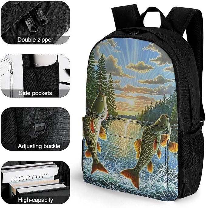 Supdreamc Rucksack Polyester Anti-Theft Multipurpose Two Fish Jumping Out Of Water Art Bookbag Big Capacity Travel and Sport Backpack Rucksack With Side Pockets