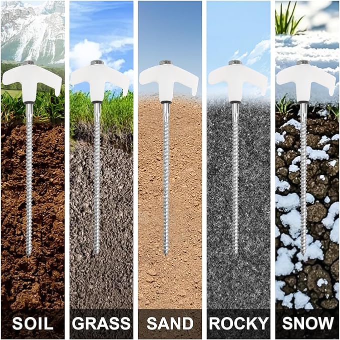 12 Pcs Tent Stakes Heavy Duty, 8 in Ground Anchors Screw in, Grow in the Dark Screw in Tent Stakes, Camping Stakes with Storage Box, Threaded Tent Spikes with Hex Head Driver and Stake Puller