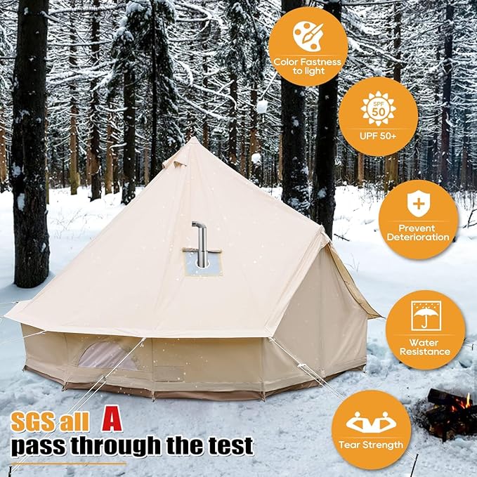 Luxury Cotton Bell Tent, Yurt Canvas Tent with Stove Jack, 4/6/8 Person Family 4 Season Camping
