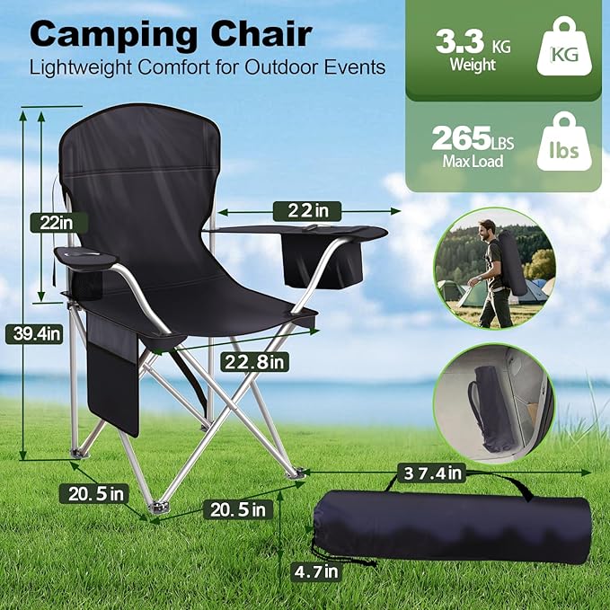 Folding Camping Chairs Durable 600D Oxford, Portable Outdoor Chair with Cooler Pouch, Cup Holder & Storage Pocket for Camping, Beach, Fishing
