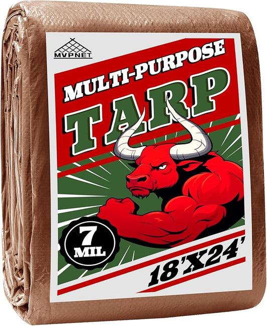 Tarp 18x24 ft 100% Waterproof 7mil Durable Grommets and Reinforced Edges,Uv Resistant,Green/Brown Tarp,Emergency Rain Shelter,Outdoor Cover and Camping Use -by MVPNET