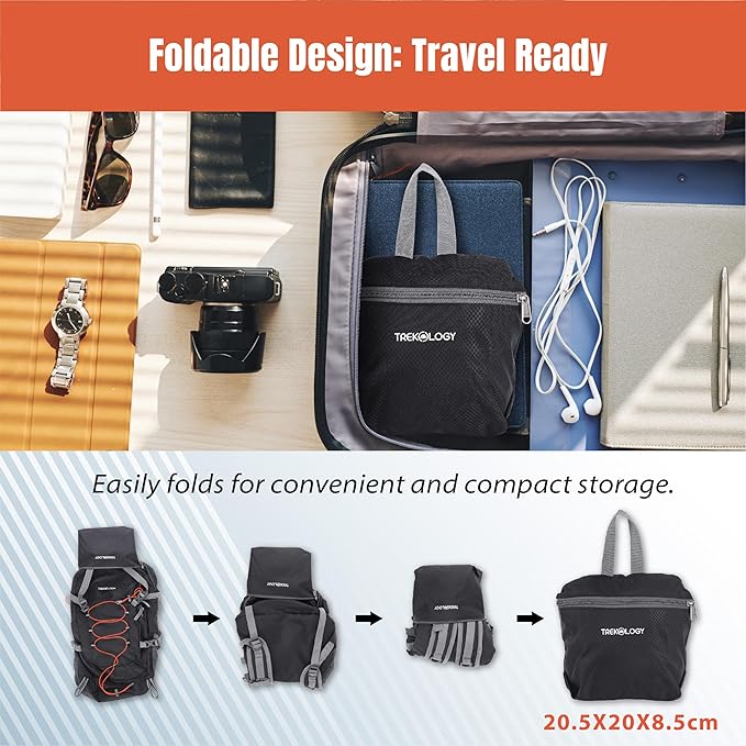 TREKOLOGY 30L Waterproof Lightweight Backpack – Foldable, Durable Daypack for Men & Women with Chest Strap & Multiple Compartments – Compact, Comfortable, Ideal for Hiking, Camping, Travel & Outdoors