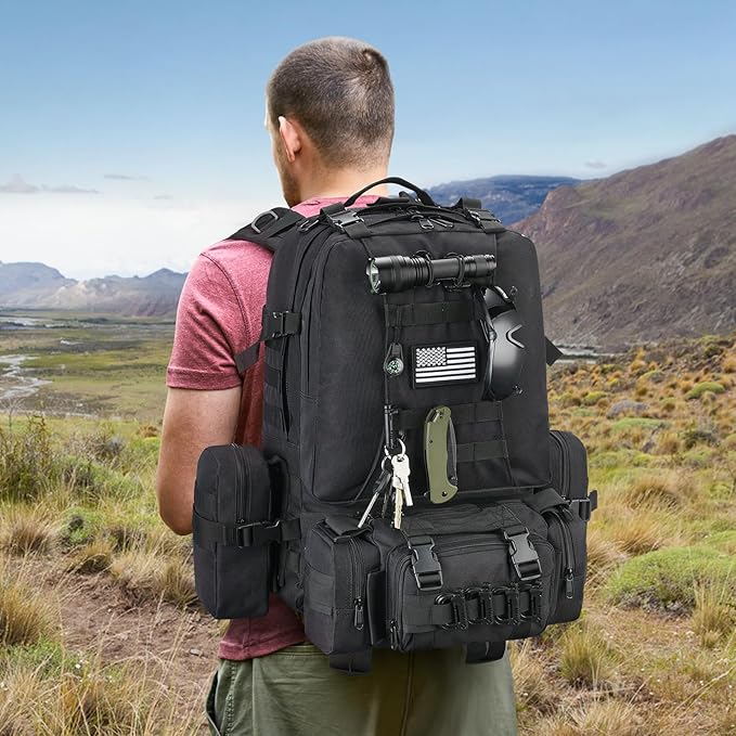 CVLIFE 60L Tactical Backpack for Men Women Military Large Army Rucksack With D-Ring Molle Clips Compass Accessories 3 Day Bug Out Survival Molle Bag Hiking Camping Gym Daypack Backpacks,Black