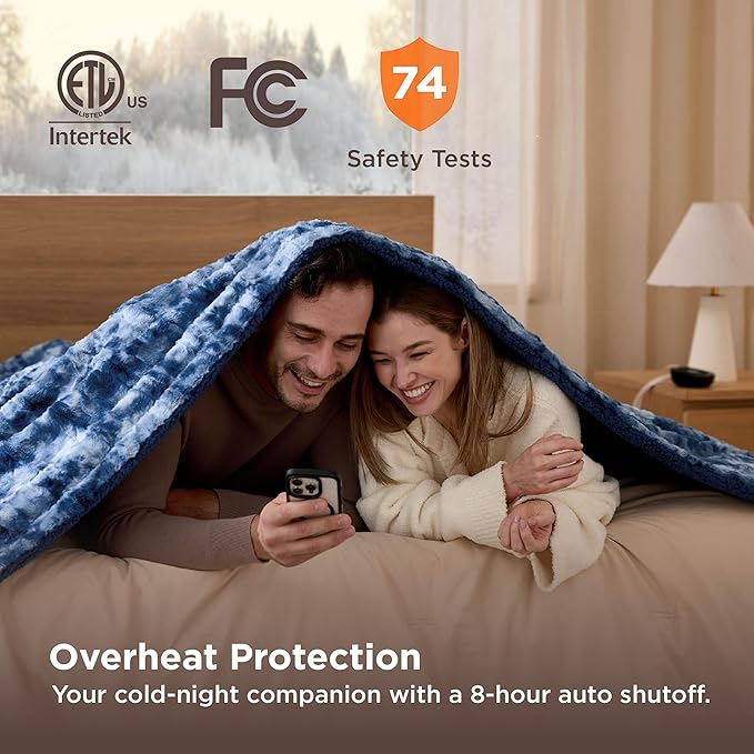 Bedsure Faux Fur Electric Blanket Queen Size, Dual Control Heated Blanket Queen, Fast Heating Blanket with 10 Heating Levels & 10 Time Settings, Cozy Gifts for Women Men (84x90 inches, Denim Blue)